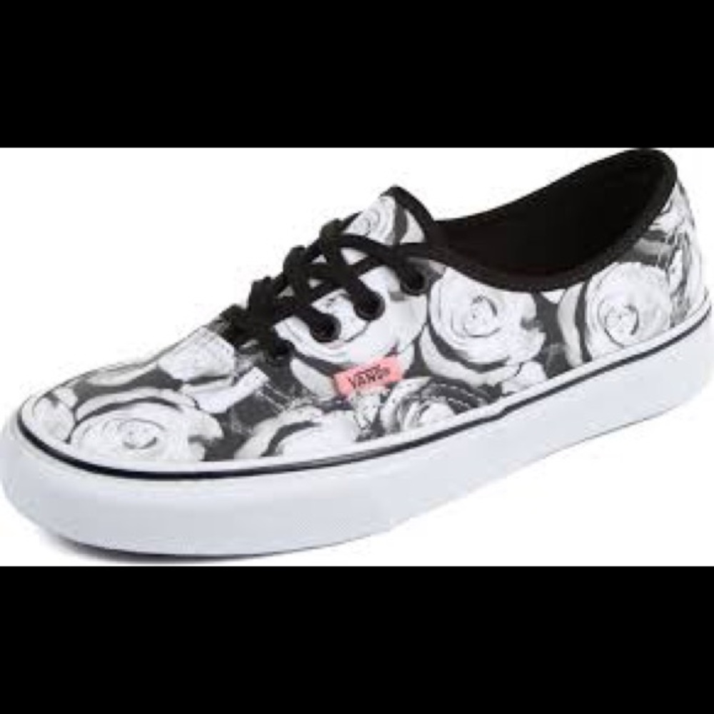 Black and white rose low top vans